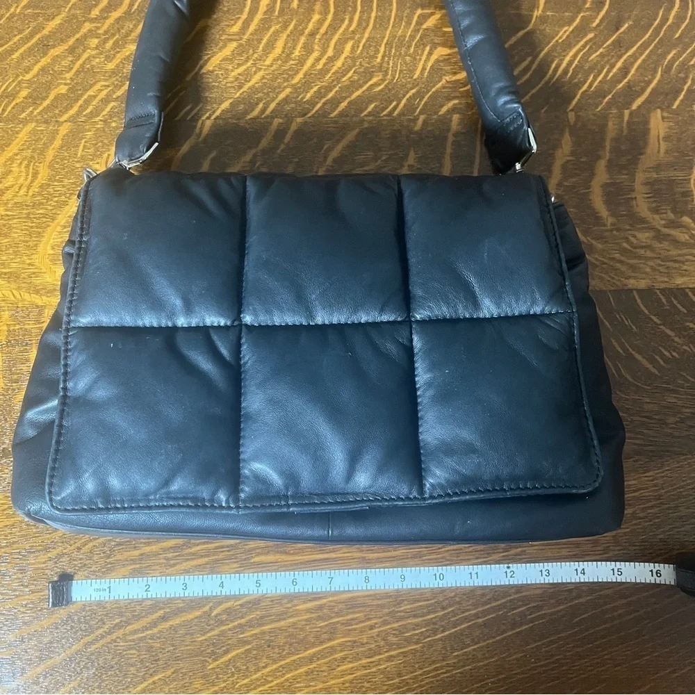 Stylish Black Leather Quilted Puffy Flap Over Large Shoulder Bag